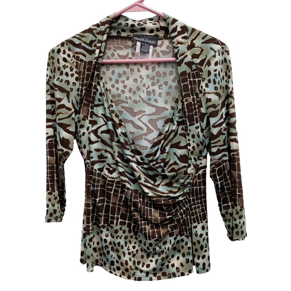 Frank Lyman Faux Wrap Top Women Size 10 Animal Print Metallic Artsy Coquette